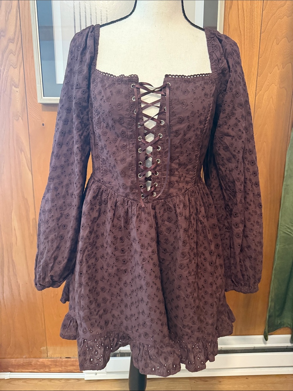 New Miss Selfridge Women's Brown Lace-Up Eyelet Mini Dress